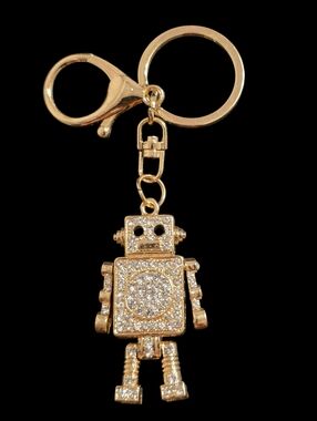 Gold Robot Bag Charm Keychain with Rhinestones